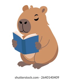 Cute Capybara is Reading a Book. Hand Drawn Vector Art.