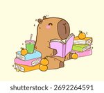 Cute Capybara Reading Book TBR Vibe with Stack books, Animal Bookish Cartoon Hand Drawn Illustration