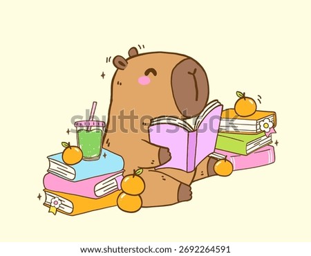 Cute Capybara Reading Book TBR Vibe with Stack books, Animal Bookish Cartoon Hand Drawn Illustration