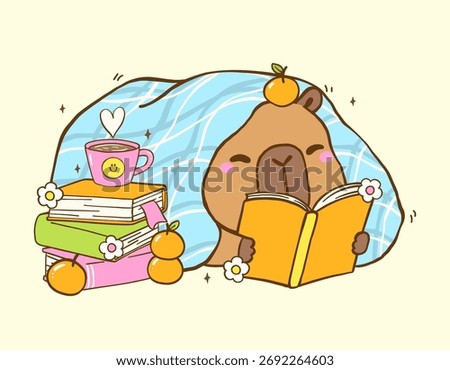 Cute Capybara Reading Book TBR Vibe under cozy blanket with Stack books, Animal Bookish Cartoon Hand Drawn Illustration