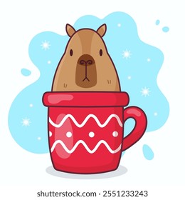 Cute capybara in a red cup. Vector Christmas illustration.