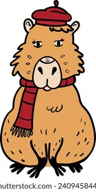 Cute Capybara in a Red French Beret and Scarf Vector Illustration