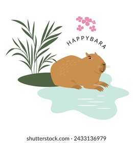 A cute capybara is relaxing by the water