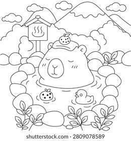 Cute Capybara Relaxing in a Mountain Hot Spring Coloring Page