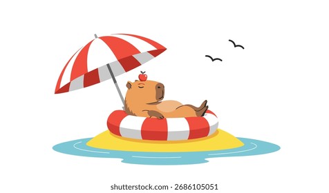 A cute capybara relaxing on a small island under a beach umbrella.