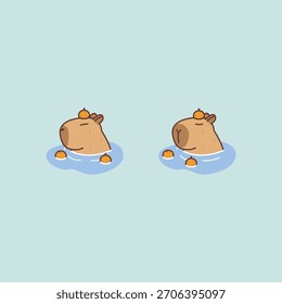 Capivara bonito relaxando em um banho quente com desenhos animados laranjas, ilustração vetorial