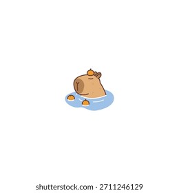 Capivara bonito relaxando em um banho quente com desenhos animados laranjas, ilustração vetorial