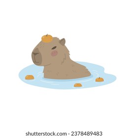 Cute capybara resting in the water with oranges