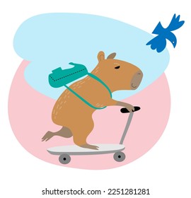 Cute capybara rides a scooter with a backpack