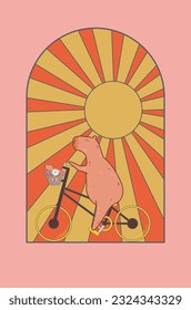 Cute capybara riding bicycle with flowers and baby in a basket illustration.