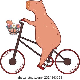 Cute capybara riding bicycle with flowers and baby in a basket illustration.