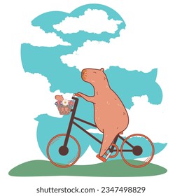 Cute capybara riding bicycle with flowers and baby in a basket illustration.