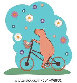 Cute capybara riding bicycle with flowers and baby in a basket illustration.