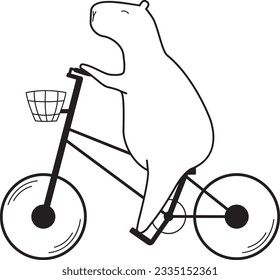 Cute capybara riding bicycle, simple line art style illustration.