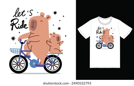 Cute capybara riding bike with tshirt design premium vector the Concept of Isolated Technology. Flat Cartoon Style Suitable for Landing Web Pages,T shirt, Flyers, Stickers