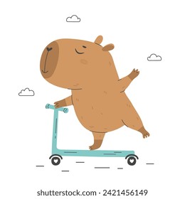 Cute capybara riding kick scooter