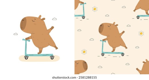 Cute capybara riding kick scooter seamless pattern