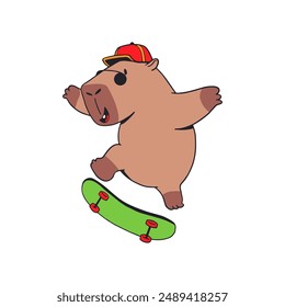 Cute capybara riding a skateboard. Trendy vector illustration.