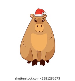 Cute capybara with a Santa Claus hat on his head stands on a white background, isolate