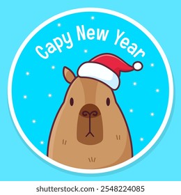 Cute capybara in Santa Claus hat. Christmas and New Year design. Cartoon vector illustration.