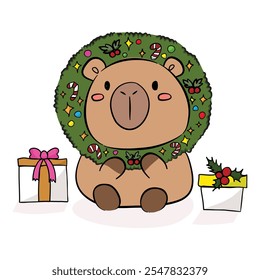 Cute Capybara in Santa Claus hats on white background, Christmas and New Year card.