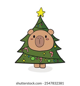 Cute Capybara in Santa Claus hats on white background, Christmas and New Year card.