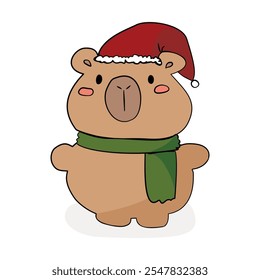 Cute Capybara in Santa Claus hats on white background, Christmas and New Year card.