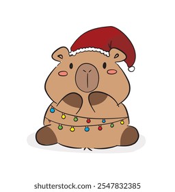 Cute Capybara in Santa Claus hats on white background, Christmas and New Year card.