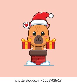 Cute capybara with santa hat holding Christmas gift box in the chimney. Cartoon vector illustration in Christmas day.
