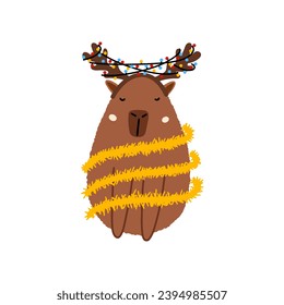 Cute capybara - santa reindeer in flat style. Capybara vector illustration for Merry Christmas and New Year greeting card