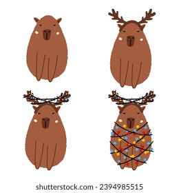 Cute capybara - santa reindeer in flat style. Capybara vector illustration for Merry Christmas and New Year greeting card