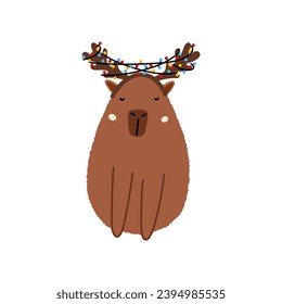 Cute capybara - santa reindeer in flat style. Capybara vector illustration for Merry Christmas and New Year greeting card