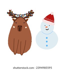Cute capybara - santa reindeer in flat style. Capybara vector illustration for Merry Christmas and New Year greeting card