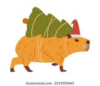 Cute capybara in Santa's hat carries tied Christmas tree on it's back flat vector illustration isolated on white.