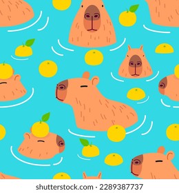 Cute Capybara seamless pattern background vector design. Capybara in onsen