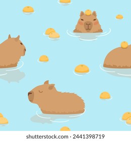 Cute Capybara seamless pattern background vector design. Capybaras swimming in the water. capybaras and oranges. Capybara in onsen