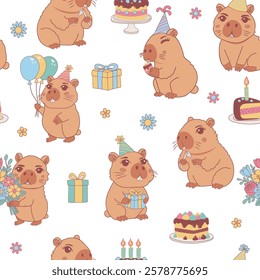 Cute capybara with seamless pattern. Birthday print for background, textile, wrapping paper. Vector illustration.