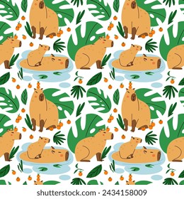 Cute capybara seamless pattern. Funny capibara, adorable exotic animal. South America mammal, tropical leaves background. Textile, wrapping paper, wallpaper design. Print for fabric. Cartoon vector