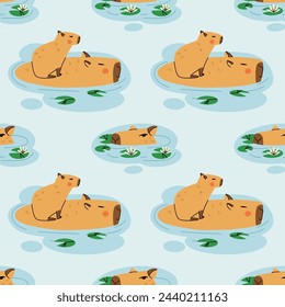 Cute capybara seamless pattern. Funny capibara, adorable exotic animal. South America mammal, tropical leaves background. Textile, wrapping paper, wallpaper design. Print for fabric. Cartoon vector