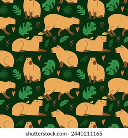 Cute capybara seamless pattern. Funny capibara, adorable exotic animal. South America mammal, tropical leaves background. Textile, wrapping paper, wallpaper design. Print for fabric. Cartoon vector