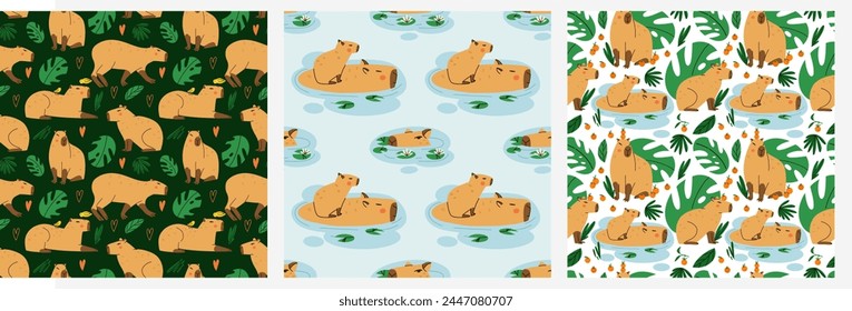 Cute capybara seamless pattern. Funny capibara, adorable exotic animal. South America mammal, tropical leaves background. Textile, wrapping paper, wallpaper design. Print for fabric. Cartoon vector