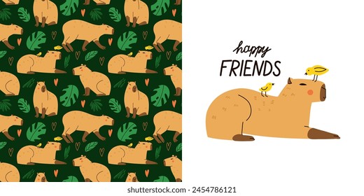 Cute capybara seamless pattern. Funny capibara, adorable exotic animal. South America mammal, tropical leaves background. Textile, wrapping paper, wallpaper design. Print for t-shirt. Cartoon vector