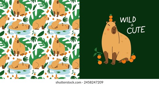 Cute capybara seamless pattern. Funny capibara, adorable exotic animal. South America mammal, tropical leaves background. Textile, wrapping paper, wallpaper design. Print for t-shirt. Cartoon vector