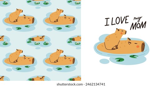 Lindo patrón de capibara sin fisuras. Divertido capibara, adorable animal exótico. Mamífero de América del Sur, fondo de hojas tropicales. Textil, papel de embalaje, diseño de Fondo de pantalla. Estampado para camiseta. Vector de dibujos animados