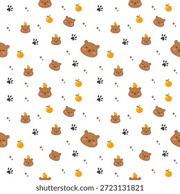 Lindo patrón de capibara sin fisuras con naranjas y huellas de patas. Fondo animal kawaii para niños, guardería, tela, Fondo de pantalla y papelería. Ilustración de dibujos animados repetitivos