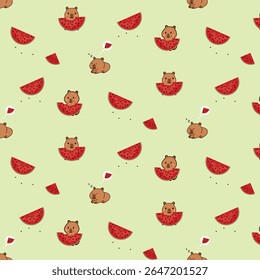 Cute capybara seamless pattern with ripe watermelons on a light background. Fun and playful design for summer themed projects. Children's textiles .