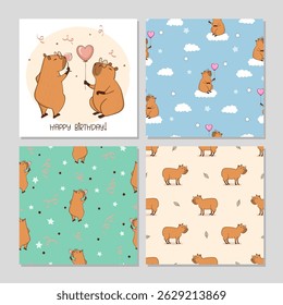 Cute capybara seamless patterns. Vector Happy Birthday set with cartoon capybaras