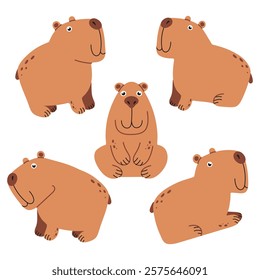 Cute capybara set featuring five adorable characters in various poses. Fun and playful animal illustrations, perfect for kids designs, prints, cards, and educational materials.