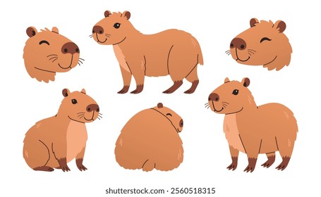 Cute capybara set. Funny flat cartoon animal collection. Kawaii hand drawn capibara isolated print design for sticker, postcard, tshirt