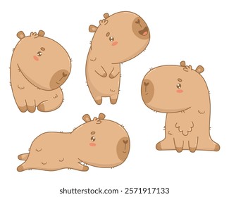 Cute Capybara set. Isolated funny calm character cartoon kawaii character. Vector illustration. Kids collection